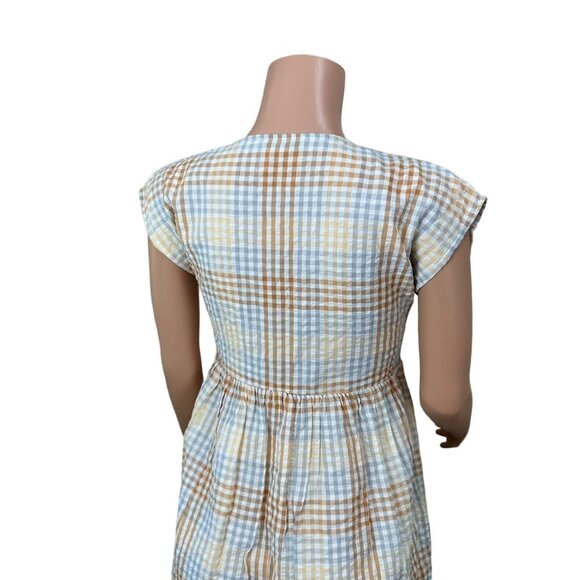 Madewell Womens Mini Dress Size XS Seer Sucker Brown Plaid -V Neck -Half Button - Picture 9 of 12